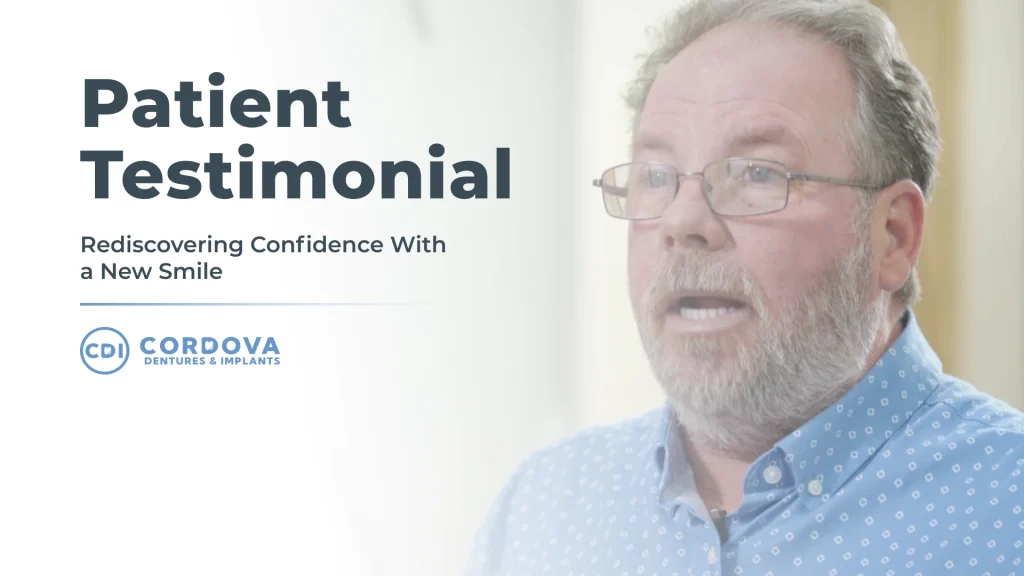 Patient testimonial thumbnail for a video about rediscovering confidence with a new smile at Cordova Dentures & Implants