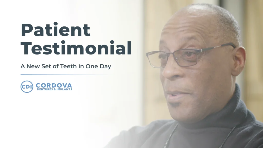 Patient testimonial thumbnail for a video about getting a new set of teeth in one day at Cordova Dentures & Implants